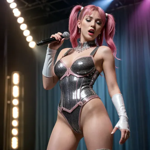 The scene is a dark stage, low-angle view, a brunette and tanned nude woman wearing a very tight-fitting armour made with white crystal, without underwear, pink hair with two big pigtails, se not weares underwear, she has a very thin waist, she has very wide wide hips, she has large large large breasts, she has a big microphone in her hand, she has her eyes closed while singing, she wears high-heeled crystal shoes, 90s, style, Aesthetics, y2k, japanese, <lora:Late_90s_Japanese_Urban_Fashion:2>