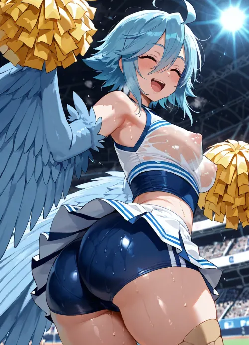 Papi, (Monster Musume), . Petite harpy monster girl, short blue hair, cheerleader uniform, pom-poms, jumping and laughing at a sports event, sports stadium, tight uniform, sweaty, perky nipples, covered nipples, transparent clothes, round ass, turning around, bright sunny day, lense flair, unfocused background, bright lighting, crisp HD graphics, harpy monster girl.
