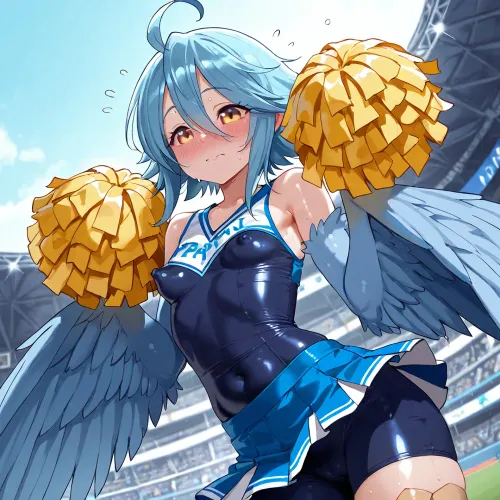 Papi, (Monster Musume), . Petite harpy monster girl, short blue hair, cheerleader uniform, pom-poms, jumping and cheaking at a sports event, sports stadium, tight uniform, sweaty, perky nipples, blushing, large glowing yellow anime eyes, bright sunny day, lense flair, unfocused background.