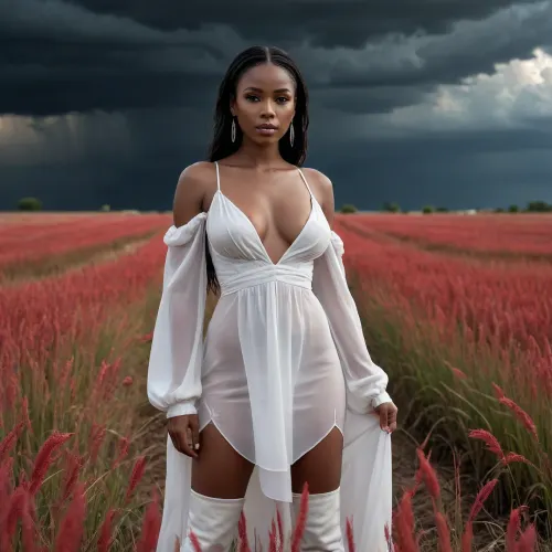 Hyperrealistic photo, 8K, masterpiece, extreme high contrast, sharp focus, vivid colors. A gorgeous columbian woman with perfect obsidian skin, in a sheer white chiffon dress and tall white boots. Visible boobs, stands in a field of vibrant crimson red grass under a dark stormy sky. Visual contrast, dark skin vs white fabric, white vs red grass, red vs dark sky. Photorealistic, detailed textures.