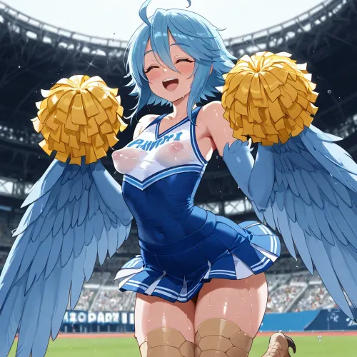 Papi, (Monster Musume), . Petite harpy monster girl, short blue hair, cheerleader uniform, pom-poms, jumping and laughing at a sports event, sports stadium, tight uniform, sweaty, perky nipples, transparent clothes, bright sunny day, lense flair, unfocused background, bright lighting, crisp HD graphics, harpy monster girl.