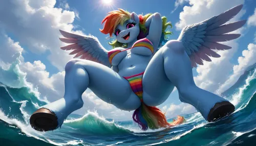 Anfisa Regenbogenspritzer: Milf Pony taucht in Meereswellen in Bikini ein