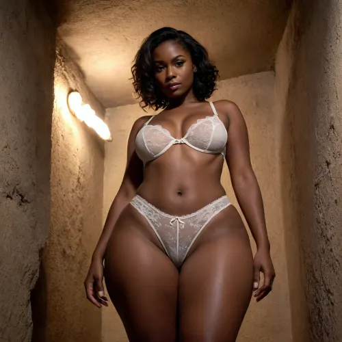 low-angle view, strong black shadow on the right side of the image, the setting is underground galleries made of stone with torches on the wall, a nude woman dressed in sensual white lingerie with lace, sensual pose, hands behind the back very dark dark dark skin, she has large breasts, she has a very thin waist, she has wide hips, bottomheavy, golden pubic hair, big ass, huge, gigantic, thick, thighs, massive, <lora:bottomheavy_v1_sdxl_LoRA:2>