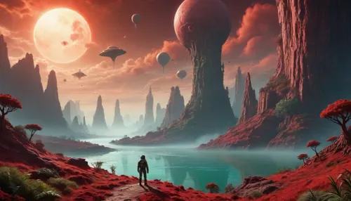 A lone astronaut stands on the edge of a towering cliff, gazing at a green alien jungle filled with bioluminescent trees and floating islands, (green alien jungle), Strange creatures move in the mist, and a giant gas planet dominates the sky, A river of glowing red liquid winds through the valley, (glowing red liquid river), Hyper-realistic, awe-inspiring, and atmospheric