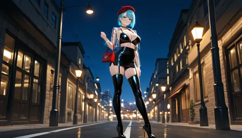 solo, futanari, cyborg, short blue hair, turquoise eyes, light metallic skin, street-based sex work area, hookers, small bulge, beret, provocative clothing, regular breasts, winered handbag, short skirt, black glittery clothing, street lamp, night, high heels, garter belt, full body, standing on the roadside, transparent jacket, push-up bra, from the front