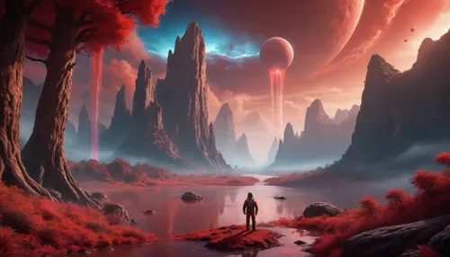 A lone astronaut stands on the edge of a towering cliff, gazing at an alien jungle filled with bioluminescent trees and floating islands, Strange creatures move in the mist, and a giant gas planet dominates the sky, A river of glowing red liquid winds through the valley, (glowing red liquid river), Hyper-realistic, awe-inspiring, and atmospheric