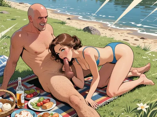 scene set in USSR in 1950s.bright, colorful colors, top view, (warm ambient light:.5), (shadows:.4), Summer, heat, south, very Beautiful woman with With cute face in swimsuit, ((very beautiful 35-year-old woman with elegant gathered brown hairstyle with wide hips Russian innocent married milf)), ((she is on all fours in front of the bald old man on river beach)), nude bald old man with massive cock and hairy balls with laughter, of his legs is spread apart, a rug with food and bottles of vodka for a picnic is spread out on the grass in front of their, woman is lying on the grass facedown, her head in his lap, sucking his cock, deepthroat, old man put both his hands on her head, view from below, perfect fingers, perfect anatomy, (woman's body), 1woman+1 bald old man, Stylized manga-style illustration, elongated proportions, expressive eyes, graceful movements, dramatic but stylized lighting, gloomy elegance, emotional atmosphere, clear, precise lines, soft shading with subtle gradients, dot drawings, grayscale print texture, flat color fields, limited CMYK palette, contours in thick ink, retro offset printing, slight color shift, dynamic low-angle composition, bright midday sunlight, diagonal lines of movement, cinematic framing, retro energy of the comic panel