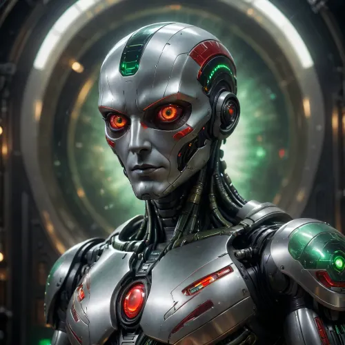 an award winning photograph of a man, tall, silver body, black shiny head, big red eyes, glowing, green stripes, long dak redlegs, blacck zig zags, shiny, gold halo, intricate cyberpunk robot in space ship, highly detailed, soft bokeh Deep space nebula background, art by mooncryptowow and popular science, <lora:WowifierXL-V2:.8>, dark, chiaroscuro, low-key, <lora:zavy-cntrst-sdxl:.8>
