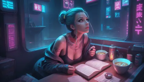 the neon glow of a cyberpunk metropolis, a stunning girl, she has cybernetic implants and glowing tattoos, slowly sipping a cup of hot tea, while reading a paper book, (she looks up from the book and out the window to the streets outside which are bathed in pink and turquoise holographic lights), where among flying drones and digital ads, this contrast between the high-tech world and a quiet moment of human warmth creates an unforgettable magic. Her eyes, reflecting the neon light, are full of both strength and tenderness, cyberpunk, str33t, Cyberpunk, <lora:attractive_notrigger:2>, <lora:RMSDXL_Enhance:1.7>, <lora:cyberpunk_str33t:1.8>, <lora:EnvyCozyCyberpunkXL01:2>, <lora:Halcyon Cyberpunk Style:1.5>