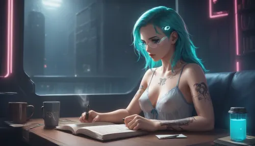 the neon glow of a cyberpunk metropolis, a stunning girl, she has cybernetic implants and glowing tattoos, slowly sipping a cup of coffee, she is wearing a see-through negligee that reveals some of her breasts, while reading a paper book, (she looks away from the book and out the window to the streets outside which are bathed in pink and turquoise holographic lights), where flying drones and digital ads fill the backdrop, Her eyes, reflecting the neon light, are full of both strength and tenderness, cyberpunk, glasses, led, <lora:attractive_notrigger:2>, <lora:RMSDXL_Enhance:2>, <lora:Halcyon Cyberpunk Style:2>, <lora:Cyberpunk_Glasses_-_SDXL:2>, <lora:augs:2>