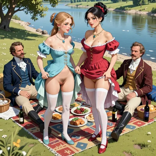The classical illustrative style depicts a scene set in Russian Empire in 1860s, .bright, colorful colors, top view, (warm ambient light:.5), (shadows:.4), Summer, heat, south, 2 very beautiful noble women, ((1 very beautiful nice cute younger noble women 18 years old)), (both are different with elegant hairstyles, beautiful unbuttoned at the chest dresses with lift up hem, dresses style of the 19th century and long white silk stockings, with jewelry around their necks, shoes), women are smiles playfully, ((They both stand and lift the hems of their dresses above their waists in front of the 2 different Dapper moustaches guys sitting on the river beach)), ((women's hairy pubic and hairy labia are visible)), (A mischievous smile on faces), 2 Dapper moustaches with goatees guys Fully dressed like the dandies of that era with laughter, a rug with food and bottles of wines for a picnic is spread out on the grass in front of the whole company. view from below, perfect fingers, perfect anatomy, (woman's body and girl's body), 2girl+ 2guys, tylized manga-style illustration, elongated proportions, expressive eyes, graceful movements, dramatic but stylized lighting, gloomy elegance, emotional atmosphere, clear, precise lines, soft shading with subtle gradients, dot drawings, grayscale print texture, flat color fields, limited CMYK palette, contours in thick ink, retro offset printing, slight color shift, dynamic low-angle composition, bright midday sunlight, diagonal lines of movement, cinematic framing, retro energy of the comic panel