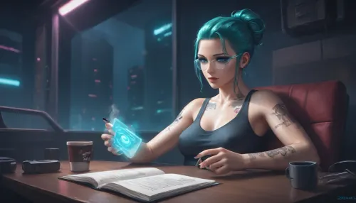 the neon glow of a cyberpunk metropolis, a stunning girl, she has cybernetic implants and glowing tattoos, slowly sipping a cup of coffee, she is wearing a tank top that reveals some of her breasts, while reading a paper book, (she looks away from the book and out the window to the streets outside which are bathed in pink and turquoise holographic lights), where flying drones and digital ads fill the backdrop, Her eyes, reflecting the neon light, are full of both strength and tenderness, cyberpunk, glasses, led, <lora:attractive_notrigger:2>, <lora:RMSDXL_Enhance:2>, <lora:Halcyon Cyberpunk Style:2>, <lora:Cyberpunk_Glasses_-_SDXL:2>, <lora:augs:2>