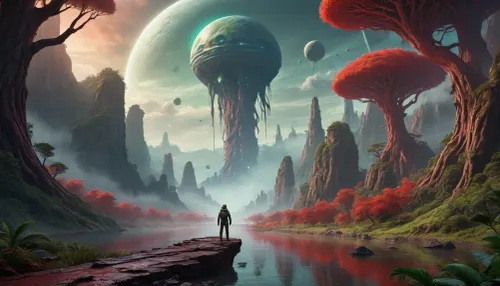 A lone astronaut stands on the edge of a towering cliff, gazing at a green alien jungle filled with bioluminescent trees and floating islands, (green alien jungle), Strange creatures move in the mist, and a giant gas planet dominates the sky, A river of glowing red liquid winds through the valley, (glowing red liquid river), allaround strange plants and strange trees, Hyper-realistic, awe-inspiring, and atmospheric