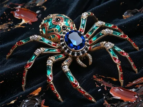 An award-winning fine-art painting masterpiece executed in an elite heavy, chunky Alla Prima impasto style with massive prominent palette-knife oil paint layers and raw textured brushstrokes. A spectacular high-jewelry luxury brooch designed as an intricate spider, lying elegantly on a dark velvet canvas. The spider's abdomen is crafted from a massive, deep midnight-blue cushion-cut sapphire surrounded by pavé-set shimmering black diamonds. The metallic exoskeleton shines with luminescent emerald blue-green and rich metallic ruby-red hues, covered in intricately engraved patterns. The entire canvas is densely covered in a highly tactile matte paint accumulation, with massive, loose blocks of wet oil color and bold palette-knife marks completely defining the gemstone facets, the metallic reflections, and the deep volumetric shadows without smooth digital lines. Masterpiece, rugged paint edge chunks