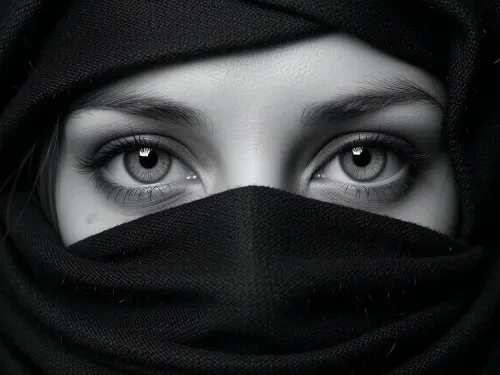 Ultra photorealistic extreme close up monochrome portrait photography, adult woman 28 years old, horizontal panoramic crop filled almost entirely by her eyes and layers of dark fabric, camera positioned perfectly frontal at eye level, only the upper bridge of the nose, both eyes, eyebrows and a narrow strip of surrounding skin visible, lower face completely concealed by multiple overlapping folds of a dark matte scarf wrapped across nose, cheeks, mouth and neck, additional fabric framing the forehead and temples like a hood, enormous expressive eyes staring directly into the lens with intense unwavering concentration, highly detailed irises with complex radial structure, large dark pupils, sharp limbal rings, tiny natural catchlights, individual upper and lower eyelashes rendered distinctly, subtle moisture along the waterline, finely resolved skin pores and natural under eye texture, delicate brow hairs, symmetrical composition with eyes positioned across the upper third, scarf fabric showing exceptionally detailed woven fibers, tiny irregular threads, layered folds and subtle tension lines, deep black background completely disappearing behind the fabric, strong monochrome contrast, luminous silver gray eyes against near black surroundings, directional frontal light concentrated exclusively around the eyes, controlled falloff, 100 mm macro portrait lens character, f 4, razor sharp focus on both irises and nearby textile fibers, subtle grain, restrained vignette, dramatic mysterious editorial realism.