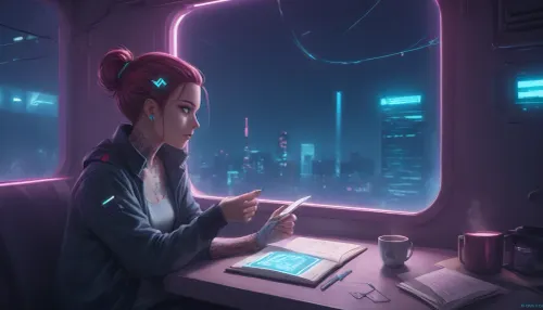 the neon glow of a cyberpunk metropolis, a stunning girl, she has cybernetic implants and glowing tattoos, slowly sipping a cup of coffee, while reading a paper book, (she looks away from the book and out the window to the streets outside which are bathed in pink and turquoise holographic lights), where among flying drones and digital ads, this contrast between the high-tech world and a quiet moment of human warmth creates an unforgettable magic. Her eyes, reflecting the neon light, are full of both strength and tenderness, zavy-cbrpnk, faceplate, <lora:attractive_notrigger:2>, <lora:RMSDXL_Enhance:1.7>, <lora:EnvyCozyCyberpunkXL01:2>, <lora:Halcyon Cyberpunk Style:1.5>, <lora:zavy-cbrpnk-sdxl:2>