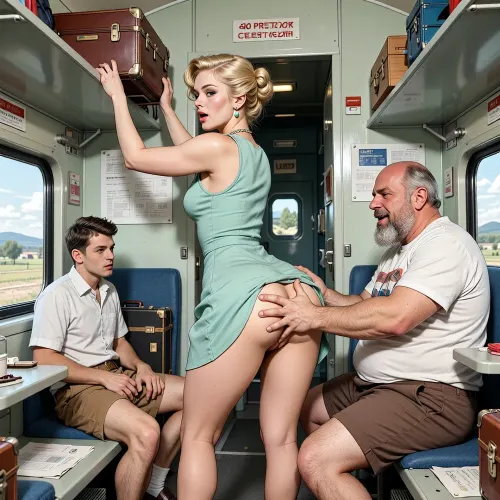 A scene in USSR in 1960s, compartment of a Soviet passenger train, very beautiful 40-year-old woman with elegant gathered hairstyle of blonde hair with cute facend wide hips, she dressed in elegant light green mini dress . She stands sideways in the middle of the compartment with her arms raised, taking a suitcase from the left top shelf. She travels in the carriage through the USSR. The carriage compartment of a Soviet passenger train. a obese Arabian bearded fat old man, dressed in brown shorts and white T-shirt is He is sitting on the bottom right shelf and lift up the hem of her dress above her ass from behind and roughly paws her buttoms With a mocking laugh looking on her ass. On the bottom left shelf sits a scowling younger guy in a shirt and shorts .As we drive past, the only things visible from the windows are landscapes . The overall mood is intense, rendered in fine, expressive line work and subtle shading, evoking the style of 1950s satirical or moralistic illustrations.