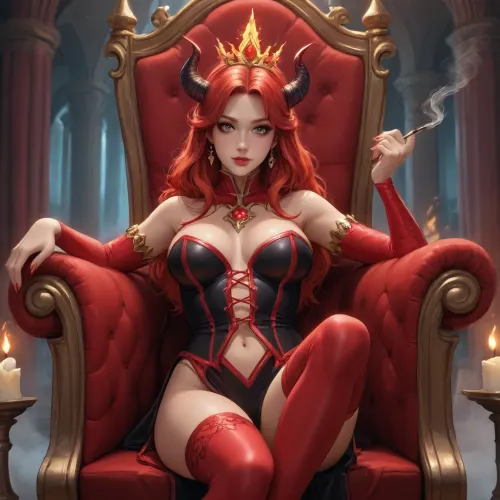 flare arlgrande jioral from redo of healer dross style reiq, woman, Sexy devil demon monster queen, sitting on a throne made out of bones, dim light, fire, intricate demon outfit, horns on head, long devil tail, slender body, skinny figure, bright red eyes, seductive smile, maximal details, masterpiece, the whole room is filled with smoke