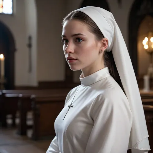ultrarealistic, uhd, epic details, high contrast, 8k, masterpiece, 19yo, nun, pale skin, small, caucasian, dark hairs, ponytail, natural, small earings, lifted nun dress, white panties visible, church, dark lighting