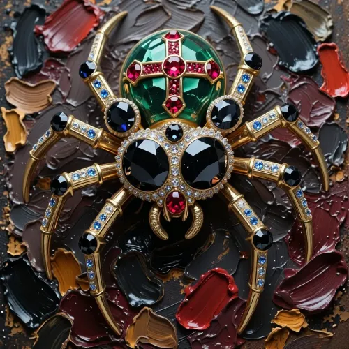 An award-winning fine-art painting masterpiece executed in an elite heavy, chunky Alla Prima impasto style with massive prominent palette-knife oil paint layers and raw rich textured brushstrokes. A spectacular high-jewelry luxury brooch designed as an intricate majestic spider, keeping the exact composition of the reference image. On its front head, it features two massive dominant cushion-cut black diamonds as the main central eyes just like in the reference image. Flanking these main eyes on the sides, add exactly six smaller auxiliary round-cut black diamonds as panoramic eyes, precisely three smaller black diamonds are beautifully arranged along the left side of the head, and three smaller black diamonds are arranged along the right side, making a strict total count of eight separate black diamond eyes as in real life. Its golden metallic legs are beautifully inlaid with tiny sparkling blue sapphires. On the opposite, rear round abdomen section at the back, the emerald-green metallic surface is highly visibly adorned with a majestic cross made of rich, glowing red rubies. The entire canvas is densely covered in a highly tactile matte paint accumulation, with massive, loose blocks of wet oil color and bold palette-knife marks completely defining the gemstone facets, the ruby-red cross on the rear, the metallic golden legs, and the heavy volumetric shadows without smooth digital blending. Masterpiece, rugged paint edge chunks.