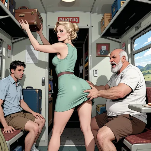 A scene in USSR in 1960s, compartment of a Soviet passenger train, very beautiful 40-year-old woman with elegant gathered hairstyle of blonde hair with cute facend wide hips, she dressed in elegant light green mini dress . She stands sideways in the middle of the compartment with her arms raised, taking a suitcase from the left top shelf. She travels in the carriage through the USSR. The carriage compartment of a Soviet passenger train. a obese Arabian bearded fat old man, dressed in brown shorts and white T-shirt is He is sitting on the bottom right shelf and lift up the hem of her dress above her ass from behind and roughly paws her buttoms With a mocking laugh looking on her ass. On the bottom left shelf sits a scowling younger guy in a shirt and shorts .As we drive past, the only things visible from the windows are landscapes . Stylized manga-style illustration, elongated proportions, expressive eyes, graceful movements, dramatic but stylized lighting, gloomy elegance, emotional atmosphere, clear, precise lines, soft shading with subtle gradients, dot drawings, grayscale print texture, flat color fields, limited CMYK palette, contours in thick ink, retro offset printing, slight color shift, dynamic low-angle composition, bright midday sunlight, diagonal lines of movement, cinematic framing, retro energy of the comic panel