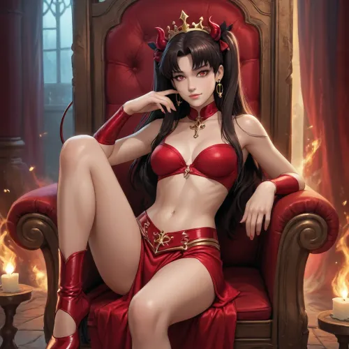 rin tohsaka from fate zero dross style reiq, woman, Sexy devil demon monster queen, sitting on a throne made out of bones, dim light, fire, intricate demon outfit, horns on head, long devil tail, slender body, skinny figure, bright red eyes, seductive smile, maximal details, masterpiece, the whole room is filled with smoke