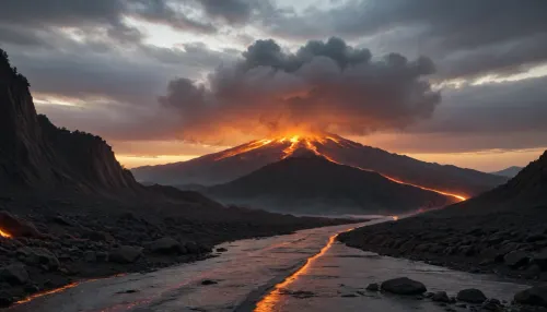 An erupting, irregularly shaped volcano in a major city. It spews glowing lava and clouds of black and grey smoke. Lava is hurled kilometres away from the volcanic crater. The smoke rises kilometres into the air. Lava flows cascade down the slopes of the volcano, incinerating everything in their path. Many buildings and roads have already been destroyed by the volcano or are on fire.