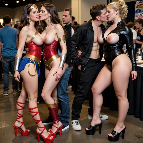 2girls, realistic skin, realistic pores, score_9, score_8_up, at a pornstar cosplay convention full of male and female nerds, first girl is 19 years old, brunette long hair, puffy lips, beautiful face, natural blue eyes, toned body, long toned legs, sexy feet, elegant sexy red long fingernails, big hoop earrings, golden lasso rolled up fixed on side of her costume, (giant silicone tits:2), she is wearing a tight slutty wonderwoman costume covering her tits and a cutout at her crotch, red plateau high heel slip in sandals with straps laced up to the knees and stiletto heels, a wonderwoman tiara in her hair, golden wonder woman armrings, ((nipples covered)), blushing, shy smile towards viewer.

Second girl is 19 years old, blonde curly hair, updo, full lips, beautiful face, natural green eyes, toned body, long toned legs, big ass, sexy feet, (huge saggy tits:2), she is wearing a slutty black open latex full body overall completely open till her pubis, 16 inch black plateau high heel slip in sandals with stiletto heels

They pose together in different sexy poses, their tits are touching and squeezing each other, they are french kissing and hugging