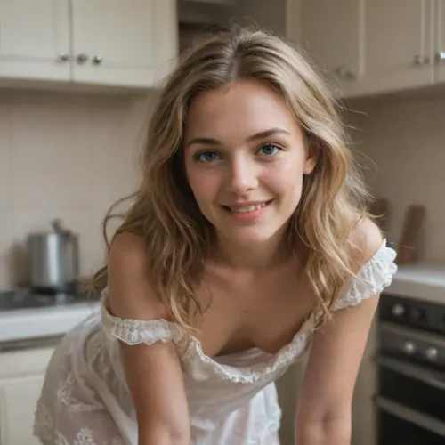 ultrarealistic, uhd, epic details, 8k, masterpiece, 18yo, cute, realistic body, blond mid long hairs, messy hairs, in sexy seetrought nightdress, leaning forward, downblouse, realistic face, smile, small chest, in kitchen
