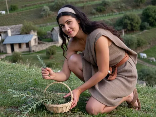 Eirini, a 43-year-old Greek woman living in a small rural Byzantine village in central Greece around 850 CE. She has a naturally athletic, sturdy build with moderately broad shoulders, defined but not muscular limbs, and an average body-fat level. She has deep hazel eyes with warm brown, amber, and subtle olive-green tones, and long dark chestnut-brown hair reaching to mid-back, naturally wavy and slightly tousled.

Eirini is a village herbalist and healer, accustomed to gathering medicinal plants and preparing traditional herbal remedies. She has a practical, capable, weathered-but-healthy appearance appropriate to a woman who spends much of her time outdoors.

She is kneeling on a grassy hillside outside her village, carefully gathering wild medicinal herbs into a small woven basket. She is examining a sprig of oregano closely in her hand, deciding which parts are suitable for preparing a healing infusion later that evening. Several other gathered herbs are visible in the basket beside her.

She looks directly toward the viewer with a warm, natural, gently engaging expression. Her gaze is relaxed and attentive, with her eyes naturally focused on the camera/viewer. She has a genuine, subtle smile that reaches her eyes, with relaxed cheeks and natural facial muscles. The expression feels spontaneous and unposed, conveying warmth, friendliness, quiet confidence, and familiarity rather than a broad or exaggerated smile.

She wears a simple undyed linen shift beneath a loose, ankle-length woolen tunic in muted natural brown, belted at the waist with a narrow leather belt. A rough rectangular wool cloak is draped naturally around her shoulders. She wears a simple linen headscarf loosely tied behind her head, with some of her wavy dark chestnut-brown hair visible. Her lower legs are uncovered and she wears simple handmade leather sandals. A small leather pouch containing herbs and basic tools hangs from her belt.



Behind her is a small hillside Byzantine village, with simple stone-and-timber houses and a modest stone church scattered across the slope. Fertile fields, terraced olive groves, wild Mediterranean vegetation, and several goats occupy the surrounding landscape.

Late-afternoon Mediterranean sunlight, historically plausible materials and architecture, natural weathering, understated earthy colours, documentary realism, authentic ninth-century rural Byzantine atmosphere, anatomically natural proportions, realistic skin texture, detailed facial features, lifelike hazel eyes, natural wavy hair texture, subtle facial imperfections, realistic linen, wool, leather and woven-basket textures, soft natural lighting, candid observational composition, believable human posture and expression.