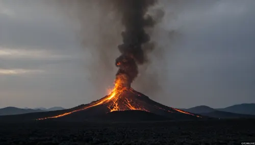 An erupting, irregularly shaped volcano in a major city. It spews glowing lava and clouds of black and grey smoke. Lava is hurled kilometres away from the volcanic crater. The smoke rises kilometres into the air. Lava flows cascade down the slopes of the volcano, incinerating everything in their path. Many buildings and roads have already been destroyed by the volcano or are on fire.