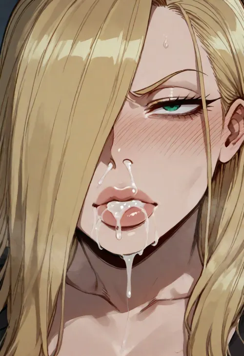 (Ratatatat74), (Olivier Mira Armstrong from Fullmetal Alchemist, thick lips, annoyed look), cum, cum in mouth, cum in nose, <lora:ratatatat74-000050:.8>