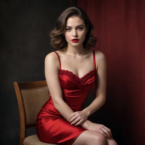 This is a striking, intimate portrait of a woman seated against a stark, deep black background, which serves to isolate her and draw the viewer’s full attention to her form and expression. The lighting is carefully controlled, likely from a single or two soft light sources positioned to the front and slightly to her right, creating a gentle, flattering illumination that highlights the contours of her face, shoulders, and the luxurious texture of her dress, while casting soft shadows that add depth and dimension to her features and the folds of her clothing.

The woman is the central focus, positioned slightly off-center in the frame, seated on what appears to be a simple wooden chair, though only the backrest is faintly visible. She is wearing a vibrant, rich red satin dress that drapes elegantly over her body. The dress is sleeveless with a wide, square neckline that accentuates her décolletage. The fabric has a noticeable sheen, catching the light beautifully and emphasizing its smooth, luxurious quality. A delicate, horizontal band of small, sparkling rhinestones or beads adorns the waistline, adding a touch of glamour and drawing the eye to her midsection. The skirt of the dress is short, ending above her knees, and appears to have a gentle, flowing drape.

Her legs are covered in classic black fishnet stockings, which contrast sharply with the red of the dress and her skin tone. The pattern of the netting is clearly visible, adding a textured element to the composition. Her hands are clasped together in her lap, a pose that suggests both vulnerability and poise.

Her facial expression is complex and captivating. She is looking down and to her left, away from the camera, with a subtle, knowing smile playing on her lips. Her eyes, which appear to be a warm brown, are slightly narrowed, conveying a sense of quiet confidence, amusement, or perhaps a hint of melancholy. Her gaze is directed downward, suggesting introspection or a moment of private thought. Her makeup is tastefully applied, with bold, vibrant red lipstick that matches her dress, and defined eyeliner that enhances the intensity of her gaze. Her dark, wavy, shoulder-length hair is slightly tousled, adding to the natural, unposed feel of the image.

The overall mood of the photograph is one of sophisticated sensuality and quiet introspection. The contrast between the bold red of her attire and the black background creates a powerful visual impact. The woman’s posture, expression, and the careful composition suggest a deliberate, artistic portrait that captures a moment of quiet elegance and inner depth. The image evokes a sense of mystery and allure, inviting the viewer to wonder about the story behind her gaze and the emotions she is experiencing.