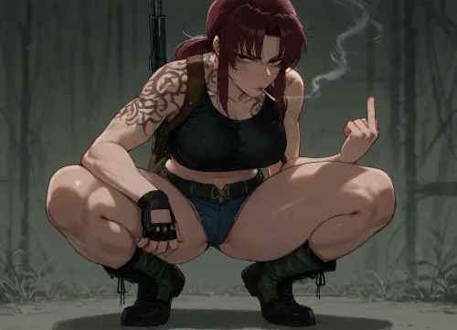 (Ratatatat74), (Revy from Black Lagoon, smoking, gun), squatting, looking at viewer, middle finger, <lora:ratatatat74-000050:.8>