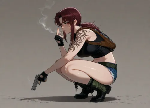 (Ratatatat74), (Revy from Black Lagoon, smoking, gun), squatting, looking at viewer, middle finger, <lora:ratatatat74-000050:.8>