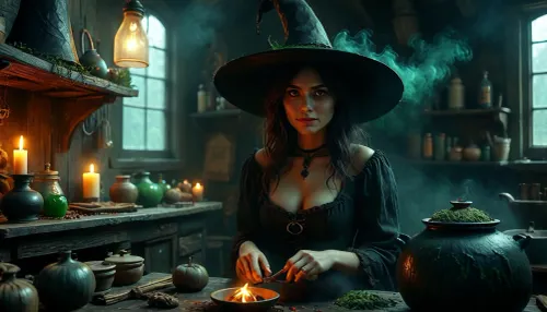 (ultra photorealistic professional picture of a beautiful 25 years old Evil Salem Witch with a very big black witchhat, in her witchhouse, cooking a toxic potion), . toxic green smoke, Thick impasto strokes blend Carne Griffiths' surrealism with Monge's dreamy textures. lit with diffused HDR glow, dramatic dark chiaroscuro lighting, sharp textures, 8K, ultimate realism, ultra realism, masterpiece, realistic detailed skin texture, skin pores, But, DonMD34thM4g1cXL, big black witch_hat, w1tch, h0us3, witch, girl, evil, smile, spell, <lora:MJ52:1.1>, <lora:BUT_SDXL_SHS:.8>, <lora:DonMD34thM4g1cXL_v3.0-000015:1.4>, <lora:w1tch_h0us3:.6>, <lora:Halloween Series_ Scary Witch_epoch_10:1.2>