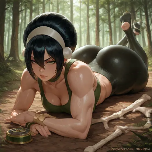 (masterpiece:1.4), best quality, absurdres, extremely detailed, (Toph Beifong from "Avatar, The Last Airbender":1.5), short black hair, pale skin, green eyes narrowed in pleasure, (muscular compact build with more defined curves:1.4), (tight sports bra and yoga pants:1.3), (defiant glare:1.3), (on stomach:1.3), (prone bone:1.5), (moonlit forest clearing:1.3), earthbending cracks in the ground, (art by reiq:1.3), (vray render:1.3)