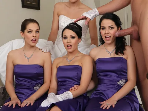 a beautiful bride sits behind her groom and reaches around him to jerk his big erection for Her three bridesmaids to watch because they have never seen a big Dick before. The bridesmaids sit in the foreground looking amazed and wearing their matching purple dresses, the brides gloved hand and the groom's penis are center focus and the bride's face is in frame at the top.