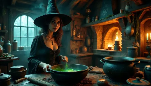 (ultra photorealistic professional picture of a beautiful, 25 years old, Evil Salem Witch with a big black witch_hat, in her witch_house, cooking a toxic potion), . toxic green smoke, Thick impasto strokes blend Carne Griffiths' surrealism with Monge's dreamy textures. lit with diffused HDR glow, low-contrast. dramatic chiaroscuro lighting, sharp textures, 8K, ultimate realism, ultra realism, masterpiece, realistic detailed skin texture, skin pores, But, DonMD34thM4g1cXL, big black witch_hat, w1tch, h0us3, witch, girl, evil, smile, spell, <lora:MJ52:1.1>, <lora:BUT_SDXL_SHS:.8>, <lora:DonMD34thM4g1cXL_v3.0-000015:1.4>, <lora:w1tch_h0us3:.6>, <lora:Halloween Series_ Scary Witch_epoch_10:1.2>