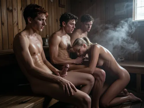 Photorealistic cinematic Film Noir scene, 4 19years old young men sited inside a wood steam room hold their cock, only faint glimmers of his red hair visible in shadow, into a wood steam room filled with thick steam, the air dense and hazy, a 24 years old blonde woman inside among the fog, woman has ponytail hairstyle, tan lines, her sexy busty silhouette, her hands on man thighs, woman is on her knees sucking one mans cock, chalf illumination, every surface damp and shadowy, the scene wrapped in mystery and tension, a film noir masterpiece full of darkness, distance, steam, and subtle intimacy, wet skin
