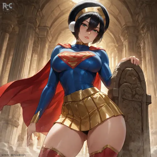 (masterpiece:1.4), best quality, absurdres, extremely detailed, (Toph Beifong from "Avatar, The Last Airbender":1.5), short black hair, pale skin, green eyes, muscular body with full breasts, (Supergirl cosplay:1.55), tight blue suit with red cape, yellow skirt, red boots, gold S shield on chest, standing with one hand on a stone pillar, body in a relaxed contrapposto, other hand resting on her thigh, (ancient earth kingdom temple interior:1.3), shafts of light through cracks, dust in the air, stone carvings, (art by reiq:1.3), (unreal engine 5 render:1.4)
