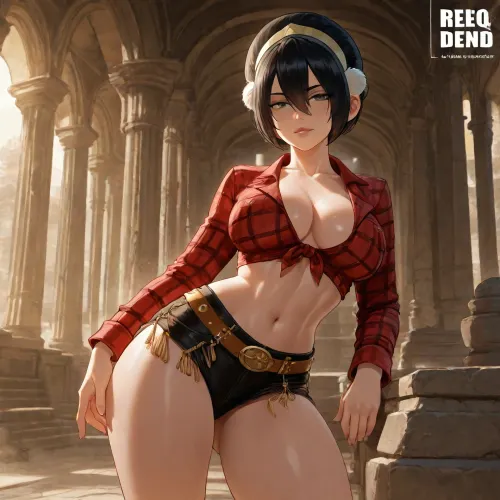 (masterpiece:1.4), best quality, absurdres, extremely detailed, (Toph Beifong from "Avatar, The Last Airbender":1.5), short black hair, pale skin, green eyes, muscular body with full breasts, (sexy cowgirl outfit:1.4), tied-off plaid shirt showing midriff, denim short-shorts, cowboy boots, cowboy hat, fringe details, playful western look, standing with one hand on a stone pillar, body in a relaxed contrapposto, other hand resting on her thigh, (ancient earth kingdom temple interior:1.3), shafts of light through cracks, dust in the air, stone carvings, (art by reiq:1.3), (unreal engine 5 render:1.4)