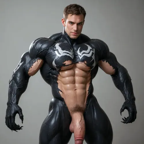 1boy, solo focus, young man, mid-transformation, symbiote organic mass surging, viscous black tendrils bonding to skin and ripping through clothing, (black symbiote covering his lower half), muscular build, defined abs, sweaty glistening skin, huge cock, flushed cheeks, short brown hair with bangs, green eyes, smug smirking gaze, male black venom having sex with a beautiful female pink Venom with huge breasts, cameltoe pussy pubic hair, white background, minimalist void, neon red accents, deep stylized shadows a cinematic, highly atmospheric visual style featuring dramatic lighting, cinematic shot, dynamic lighting, 75mm, Technicolor, Panavision, cinemascope, sharp focus, fine details, 8k, HDR, venom, vespid, clothes, <lora:Black_Slime_-_Anime:.8>, <lora:checkpoint-e36_s324:.8>, <lora:Venom_Spiderman_3_game-000004:.8>, <lora:She-Venom-FFusion.LORA:.8>