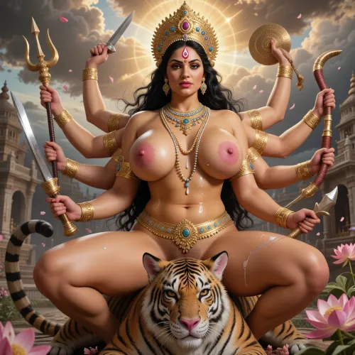 Goddess Durga — Photorealistic Raja Ravi Varma Style

Create an extraordinarily beautiful, photorealistic depiction of Goddess Maa Durga, inspired by Raja Ravi Varma. Portray Maa Durga as a majestic divine Indian goddess with a serene yet immensely powerful expression, radiant almond-shaped eyes, delicate facial features, warm golden skin, and long, ((navel piercing, big areolas, hyper pink nipples, puffy nipples, massive nipples, erect nipples, extremely beautiful face)), flowing black hair adorned with traditional gold ornaments., (((60+ SSBBW giant hangers, hyper massive sagging natural boobs, hyper gigantic long nipples, Indian, indian))), extremely hairy busy, hairy pussy lips, lactation boobs, lactating breast, shaggy breast milk, (wide hips:1.3), (extreme hyper gargantuan tits:1.3), colossal hyper sized tits, (hyper gigantic breasts:1.3), breasts bigger than her head, tits bigger than her, (colossal hyper boobs:1.3), (extreme hyper breast spillage:1.3), (hyper breasts hanging down to her waist:1.3), (hyper breasts twice as wide as her:1.3), (tits twice the size of her:1.3), (hyper tits fatter than her:1.3), (hyper tits filling the entire area:1.3), (lactation:1.3), (gigantic bimbo lips:1.3), extremely beautiful massive milf, hyper detailed face, hyper huge plump lips, visible pussy

She wears a an elaborate golden crown, traditional kundan jewelry, layered necklaces, gold bangles, and a luminous divine halo behind her head. Her multiple arms gracefully hold sacred weapons, including the trident, (Trishul), sword, discus, conch, bow, and lotus, each anatomically correct and artistically composed.

Maa Durga sits naked on majestically upon a powerful, beautifully detailed Bengal tiger, symbolizing courage, righteousness, and the triumph of good over evil. The background features a grand ancient Indian temple, dramatic monsoon clouds, warm golden sunlight breaking through the heavens, floating flower petals, subtle incense smoke, and a celestial atmosphere.

Art direction, Raja Ravi Varma-inspired composition, Composition, full-body portrait, slightly low camera angle to emphasize divine grandeur, richly detailed foreground and background, soft atmospheric depth, cinematic lighting, ultra-high resolution, 8K fine-art quality., realism of a high-end cinematic portrait.Realistic image, raw image real cinematic style image