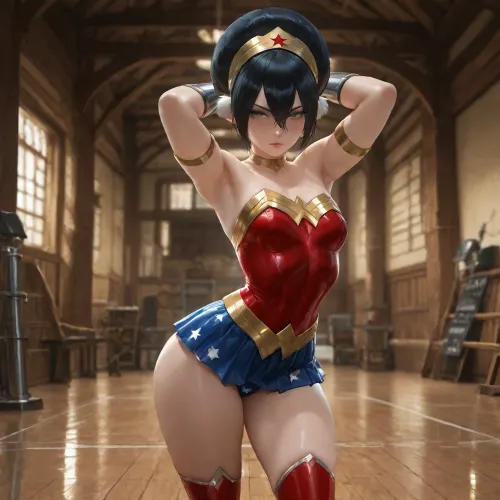 (masterpiece:1.4), best quality, absurdres, extremely detailed, solo, (Toph Beifong from "Avatar, The Last Airbender":1.5), short black hair, pale skin, green eyes, muscular compact build, (Wonder Woman cosplay:1.55), tight red and gold armored bodice with gold eagle emblem, blue skirt with white stars, red boots, gold tiara, (defiant glare:1.3), (archiving back standing:1.3), chest pushed forward, hands behind head, (empty gym:1.2), (art by sakimichan:1.3), (blender cycles render:1.3)