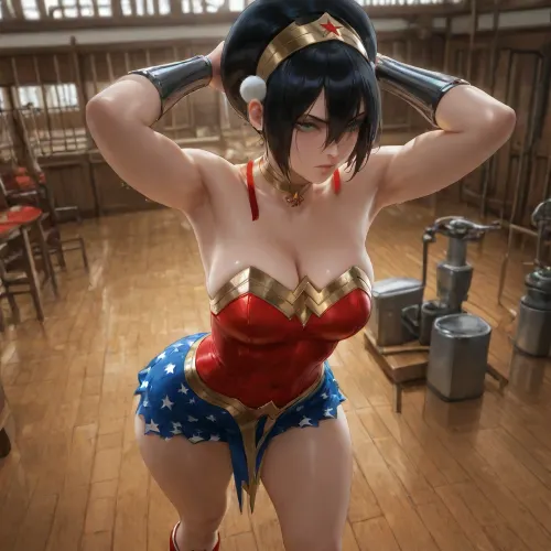 (masterpiece:1.4), best quality, absurdres, extremely detailed, solo, (Toph Beifong from "Avatar, The Last Airbender":1.5), short black hair, pale skin, green eyes, muscular compact build, (Wonder Woman cosplay:1.55), tight red and gold armored bodice with gold eagle emblem, blue skirt with white stars, red boots, gold tiara, (defiant glare:1.3), (archiving back standing:1.3), chest pushed forward, hands behind head, (empty gym:1.2), (art by sakimichan:1.3), (blender cycles render:1.3)