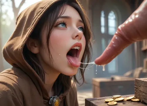 (from side), [young female adventurer 25 years old opening a living wooden treasure chest that is a monster, terrified expression, eyes wide open, mouth open in a scream, recoiling backward in shock, both hands still on the lid, leaning forward mid-flinch, leather armor, hooded cloak partly fallen back, satchel, belt with pouches, dagger at hip, brown hair with strands across face, sweat on forehead, torchlight on her face], [the mimic], rectangular wooden chest, flat hinged lid flipped wide open as a gaping maw, upper jaw is the open lid, lower jaw is the front rim, rows of long jagged yellowish fangs lining both edges, teeth of varying sizes, some broken, glistening saliva strands between rows, thick muscular purple tongue lolling far out of the opening, curling downward over the front panel, wet textured tongue dripping drool, [multiple fleshy writhing tentacles bursting from beneath the chest, from the seams of the sides and back, tentacles with small round suction cups, slick with dark slime, tentacle insert in pussy, curling and reaching toward the woman, some gripping the stone floor], the top of the open lid densely covered with dozens of malevolent staring eyes of many sizes, each with a slit vertical pupil and bloodshot yellow sclera, wet glossy surface, some half-lidded, some wide open, all staring at the woman, chest body made of weathered dark oak planks with visible grain and cracks, bound by rusted iron bands, corroded metal corner brackets, old iron lock on the front panel, wood transitioning into wet organic flesh at the seams, [environment], dark underground dungeon, mossy stone walls, scattered gold coins, jewels and old bones on the floor, dim flickering torchlight, deep shadows, volumetric dust, faint greenish glow from the eyes, fog near the floor, [style], dark fantasy horror illustration, hyperrealistic, cinematic dramatic lighting, high contrast, dynamic action shot, D&D Monster Manual art, concept art, 8k, ultra detailed, sharp focus, but, <lora:BUT_SDXL_SHS:1.8>, <lora:attractive_notrigger:1.5>