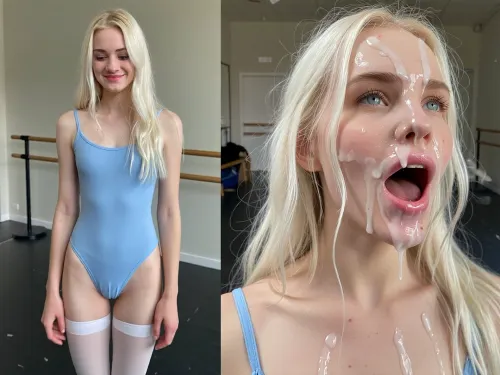 (side-by-side, two full body shot pictures, of the same 6 foot 2 inch tall and 35kg extreme skinny anorexic Norwegian 27yo adult ballet dancer with small tits, long skinny legs, narrow hips, thigh gap, long slim legs, with long whiteblonde hair and tall narrow nose and narrow long face, moles:1.2), BREAK, in the left picture she looks shy and laughing happy, dressed in light blue ballet body suit and white tights, (right picture her face and forehead and hair is completely covered in excessive amounts of realistic semi-transparent cum, an excessive amount of cum is on her face and in her mouth and in her hair, cum is dripping down on her nude chest, cum dripping from nose and chin, cum in hair, cum in eyes), her eyes are open wide, but filled with sticky cum, her hair is messy, (her facial expression in the right picture is extremely horny, moaning in delight, cum is gushing from her mouth:1.2), ((The woman is the same extreme skinny tall pretty adult woman on both pictures, same pose:1.3)), Background for both pictures is ballet practice hall, extremely naturalistic an realistic