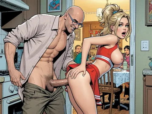 This is a detailed colorful colors pencils drawing in a classical Marvel comic book style depicts a Beautiful sexy blond elegant hairstyle 18 years old girl stands bent low in American kitchen, wearing red cheerleader outfit, very POINTED AND SMALL NOSE and a skinny figure, exposed developed huge natural saggy breasts, (her butt is visible), bald old man with glasses fucks her, fully clothed old man in shirt and unbuttons trousers roughly and imperiously squeezes her butt with his hand by his fingers, seductive face, male cock and hairy balls, Old man laugh mockingly, woman looks in surprise.female orgasm on her face, the Soviet apartment with festive tableis with people sitting at the table visible through the open kitchen door, The overall mood is intense, rendered in fine, expressive line work, evoking the style of Terry Dodson illustrations.
