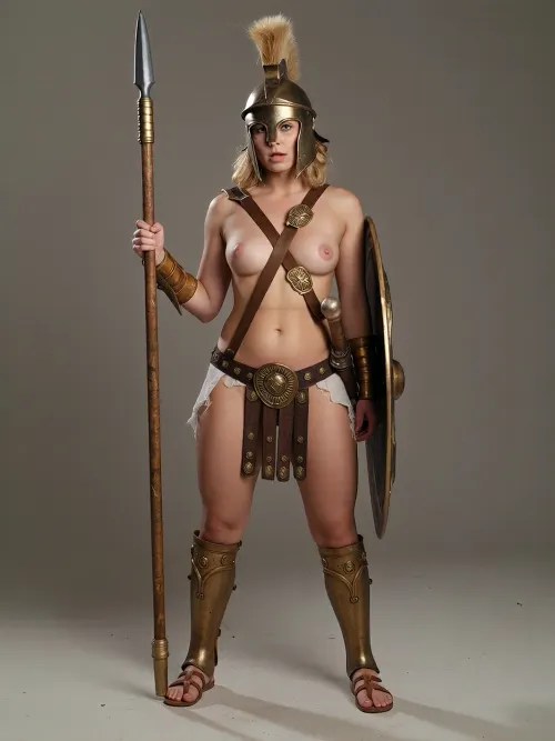 the woman is a hoplite warrior, short blonde hair, messy wavy hair, small natural breasts, sagging breasts, torn bronze, realistic pussy, very chubby figure, one breast is exposed by cross-chest bronze breastplate, (messy detailed hair), 1girl, bronze helmet, ancient spartan, ancient warrior, (bronze armor), ancient greek helmet, bronze spear, ((bronze-plate thigh-high sandal-straps)), wearing linothorax bronze greaves, thigh-high sandals, spear, hoplite, female, weapon, shield, helmet, shoulder, armor, loincloth